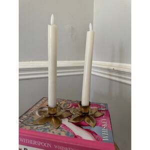 Pair Vintage Brass Flower Candle Holders Lotus Lily Hollywood Regency 4.25” Wide